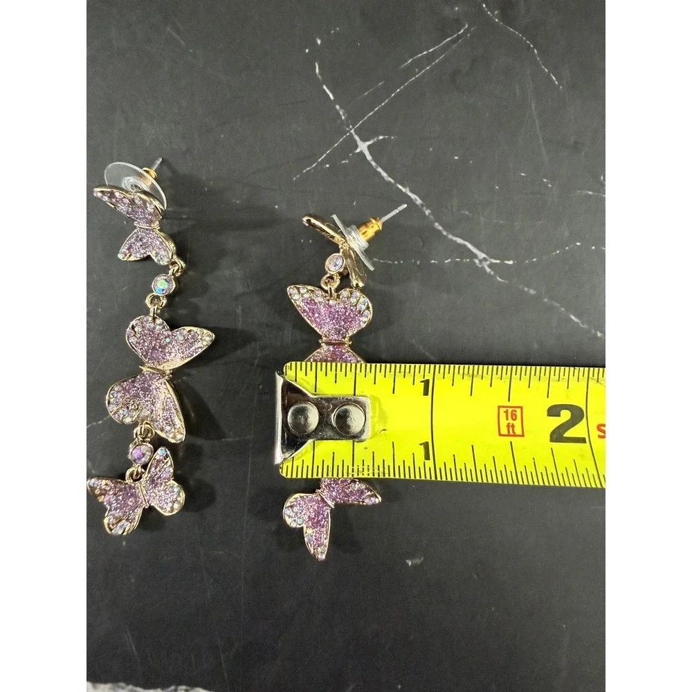 Betsey Johnson Purple Glitter Butterfly 2.5in Gold Tone Drop Earrings